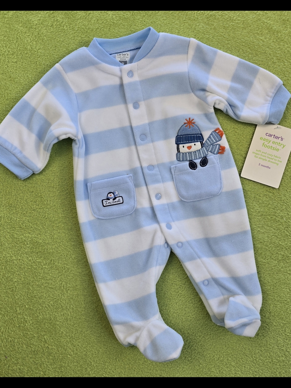 NWT 0-3M Baby BOYS Blue & White Striped Penguin FOOTIE - I'M COOL FLEECE (Q2)